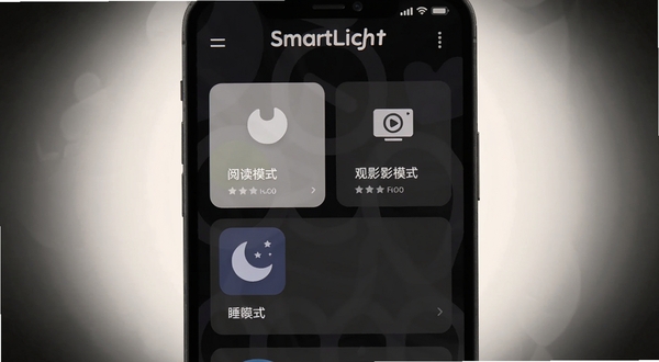 SmartLicht场景模式设置界面截图，画面展示手机屏幕中多个场景卡片排列，包括阅读模式、观影模式、睡眠模式图标，背景为深色UI风格，屏幕周围有柔和光晕，突出SmartLicht软件名称，适配Boogu模型生成