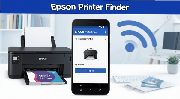 软件名称Epson Printer Finder,画面中央一部安卓手机屏幕显示打印机搜索界面,周围环绕一台爱普生喷墨打印机和Wi-Fi信号图标,背景为明亮简洁的现代家庭办公桌面,蓝白配色风格,扁平化科技插画,干净清爽