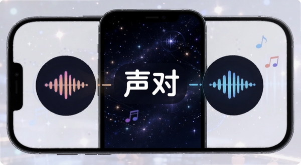 声对APP语音匹配界面,手机屏幕中显示两个声波图标正在连接,背景为深色星空风格,点缀发光粒子,画面中央有“声对”文字标识,整体氛围神秘且友好,适合Boogu模型生成