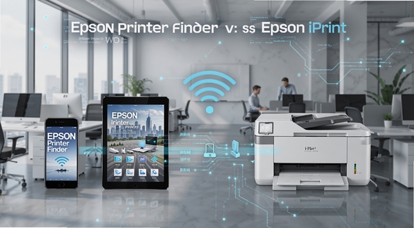 Epson Printer Finder 与Epson iPrint协同工作示意图,手机、平板、打印机通过无线网络连接,数据流在设备间传输,背景为现代办公室环境,科技感线条风格