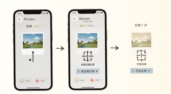 图片压缩助手操作教程示意图,画面主体为手机屏幕分步展示导入图片、选择压缩比例、开始压缩三个步骤,背景为柔和的米白色,每个步骤配有简洁图标与箭头引导