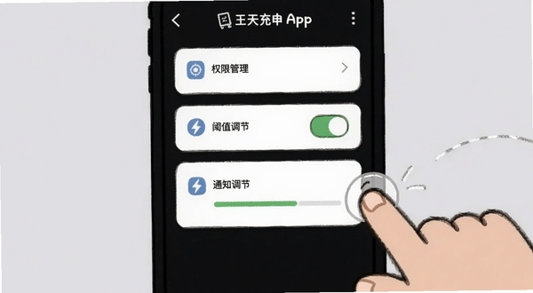 每天充电App的设置页面截图风格插画,展示权限管理、通知开关、阈值调节等选项,旁边有卡通手指点击屏幕的示意,背景为柔和的浅灰色,突出操作引导