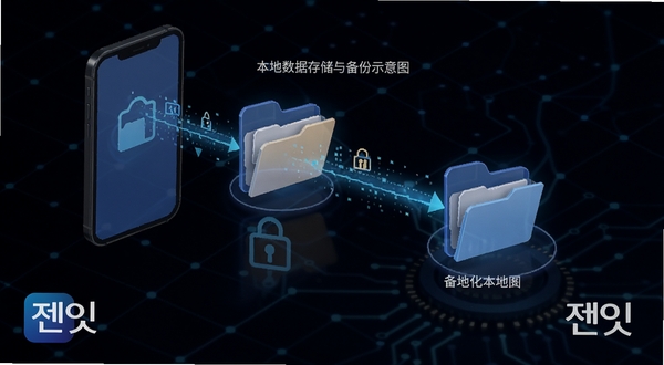 本地数据存储与备份功能示意图,画面展示手机与文件夹图标之间的数据流动,软件名称出现在界面角落,背景为深色科技感网格,突出安全与本地化概念