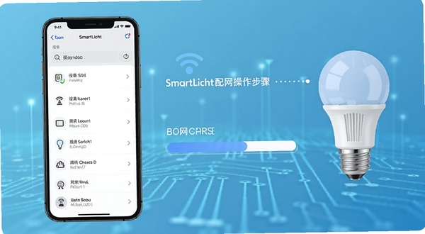 SmartLicht配网操作步骤示意图，画面展示手机屏幕中设备搜索列表与配网进度条，背景为浅蓝色科技感渐变，屏幕旁有智能灯泡图标，突出SmartLicht软件界面元素，适配Boogu模型生成