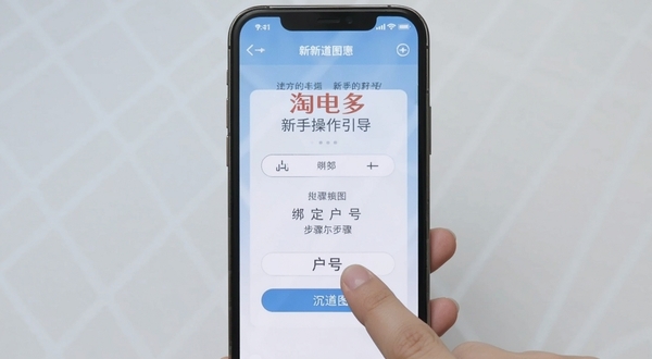 淘电多 新手操作引导页面 手机屏幕显示绑定户号步骤示意图 手指点击屏幕 浅色背景