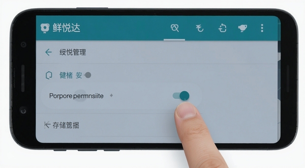 鲜悦达安装权限设置示意图,画面展示安卓手机设置界面中权限管理页面,手指正点击存储权限开关,背景为手机系统设置菜单,色调冷静清晰,软件名称鲜悦达在通知栏可见