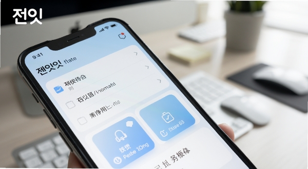 聚合式任务面板界面特写,手机屏幕显示待办列表与快捷入口卡片,主色调为浅蓝与白色,界面干净整洁,背景为虚化的办公桌面环境,突出软件名称标识