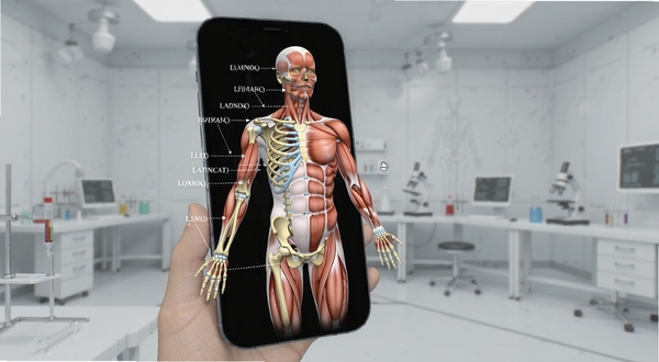 人体解剖学图集三维交互功能展示,画面主体为一只正在旋转3D人体模型的手机,坐标位于画面中央偏左,背景区域为浅灰色医学实验室风格,模型上标注有骨骼名称和肌肉纹理细节,体现人体解剖学图集的交互操作特点