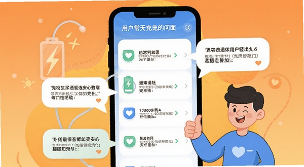 每天充电App的用户问答界面插画,手机屏幕显示常见问题列表与解答气泡,旁边有卡通人物竖起大拇指,背景为温暖的橙色渐变,传递信任与安心的氛围