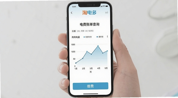 淘电多 电费账单查询界面 手机屏幕显示用电量折线图与缴费按钮 扁平化设计