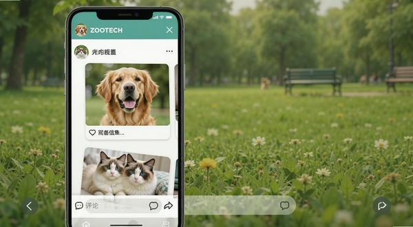 ZOOTECH社区交流页面，画面展示手机屏幕内宠物动态信息流，有金毛犬和布偶猫的照片卡片，下方有评论输入框，背景是公园草地虚化效果，整体色调清新自然，突出社区互动感