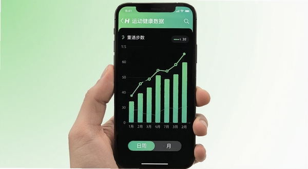 H运动健康数据统计页面，画面中央为手机屏幕展示一周步数柱状图与折线趋势线，屏幕下方有日周月切换按钮，背景区域为淡绿色与白色渐变，整体呈现清新健康的数据分析氛围