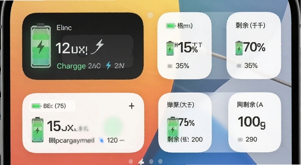 每天充电App的桌面小组件展示图,手机主屏幕上排列着不同尺寸的电池信息小组件,显示电量百分比与充电剩余时间,背景为清新的浅色壁纸,整体风格简约现代