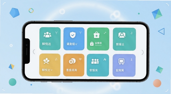 鲜悦达软件主界面功能全貌展示,画面中央为手机屏幕正视图,屏幕内呈现鲜悦达的卡片式功能布局与清新配色,背景区域为浅蓝色渐变与柔和光晕,四周点缀简约几何图形,整体风格科技实用,适配Boogu模型生成