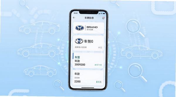 车架号车况查询软件主界面展示，画面中央放置一部智能手机，屏幕显示车辆信息查询结果页面，包含品牌标志、车型名称、年款等数据卡片，背景为浅蓝色渐变科技风格，周围点缀汽车轮廓线条和放大镜图标，整体色调清爽专业，适配Boogu模型生成