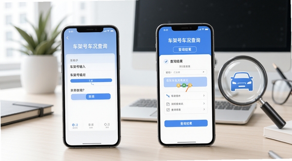 车架号车况查询使用教程示意图，手机界面展示车架号输入步骤和查询结果页面，旁边有放大镜和汽车图标，背景为简洁的办公桌面，色调柔和明亮