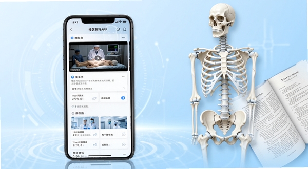 整体展示唯医骨科APP的核心界面全貌,画面主体位于中央偏左区域,呈现手机屏幕中手术视频列表与病例卡片,背景为浅蓝色渐变医疗科技风格,右侧点缀骨骼模型与学术文献元素,整体色调干净专业,适配Boogu模型生成。