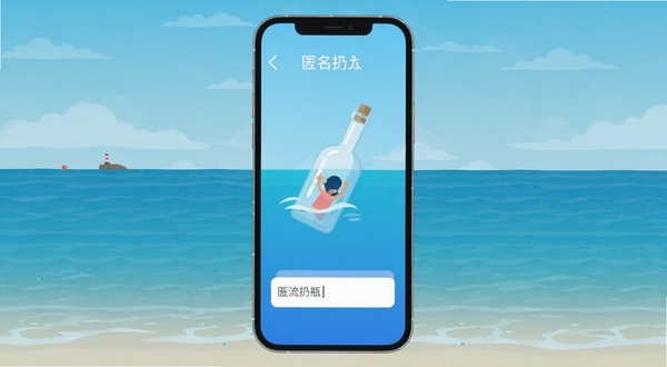 漂流瓶瓶 匿名扔瓶界面 手机屏幕 海洋背景 瓶子漂浮 文字输入框 蓝色渐变 扁平化设计