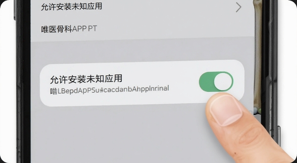 唯医骨科APP在安卓手机上的安装权限设置界面示意图,画面主体为手机屏幕显示“允许安装未知应用”的开关按钮,背景为浅灰色设置菜单,右侧有手指点击动作,整体风格简洁直观,突出操作步骤。