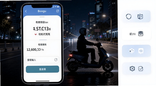 司机代驾计费帮手软件主界面在手机屏幕上清晰展示计费面板与里程输入框，背景为夜晚城市道路与代驾司机骑行电动车的剪影，画面主体位于中央偏左，右侧留白区域展示功能按钮，整体风格简洁实用，适配Boogu模型生成