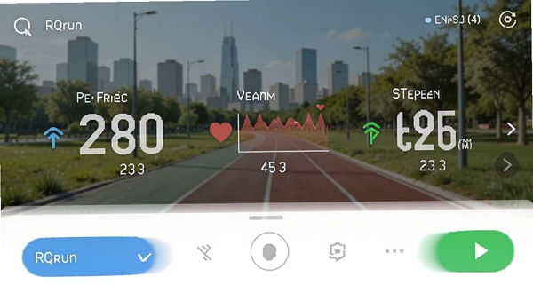 RQrun 手机端跑步记录界面,显示配速、心率、步频等实时数据,背景为城市公园跑道,画面明亮清晰