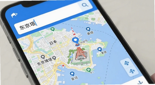 中文世界地图全球中文地名检索功能界面,画面展示手机屏幕内输入“东京塔”后地图精准定位到日本东京塔,周围显示中文标注的街道和地标,界面清爽,配色以蓝白为主,适配Boogu模型生成