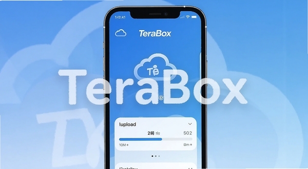 TeraBox 云存储界面展示，手机屏幕中显示大容量云盘空间和上传进度条，背景为简洁的蓝色渐变，突出软件名称 TeraBox