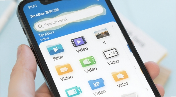 TeraBox 文件分类与搜索功能示意，画面中展示手机端文件列表按图片视频文档分类排列，搜索框高亮，整体风格清新明快