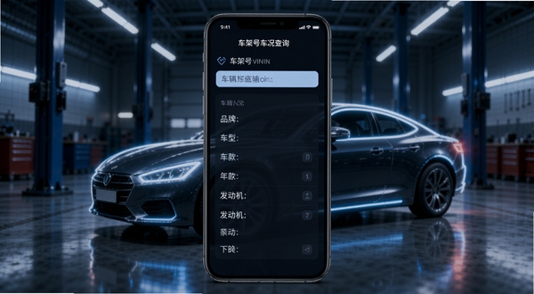 车架号车况查询VIN解析功能界面，手机屏幕显示车架号输入框和解析后的车辆参数列表，包括品牌、车型、年款、发动机型号等，背景为车库场景，有汽车轮廓光效，科技感十足