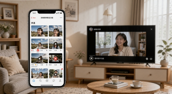 妙映媒体推送功能界面,手机相册中的照片和视频列表清晰可见,旁边是电视屏幕正在播放推送的图片,背景是居家环境,氛围轻松