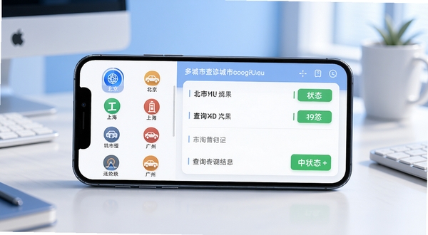 小汽车摇号多城市查询功能界面，手机屏幕展示城市选择列表和查询结果，画面主体为手机横屏放置，屏幕左侧显示北京、上海、广州等城市图标，右侧显示查询结果和中签状态，背景为柔和的蓝白色调办公桌面，适合Boogu模型生成