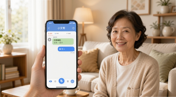小艾帮帮应用主界面全貌展示，画面中心为手机屏幕内呈现的语音助手对话界面，背景区域为温暖的居家客厅环境，柔和自然光线，整体风格简洁明快，突出无障碍辅助主题