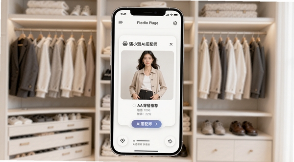 遇小测AI搭配师主界面展示，手机屏幕中央为智能穿搭推荐卡片，背景为浅色衣橱场景，画面简洁明亮，突出AI搭配师核心功能