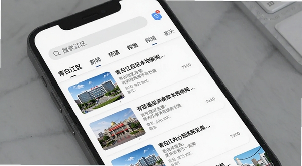 i青白江应用内新闻资讯列表界面预览图,手机屏幕显示青白江区本地新闻标题与缩略图,背景为简洁的白色信息流布局,顶部带有搜索栏和频道分类标签,整体风格清爽现代