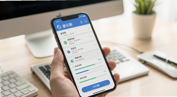普乐斯一站式事务管理功能界面特写，手机屏幕中展示任务列表与进度条，背景为办公桌面场景，光线明亮柔和，突出普乐斯应用的便捷操作体验