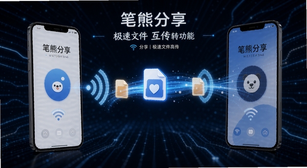 笔熊分享极速文件互传功能展示,画面中两部手机通过无线信号连接,中间有文件图标流动的视觉效果,背景为科技感线条,突出笔熊分享的高速传输特点