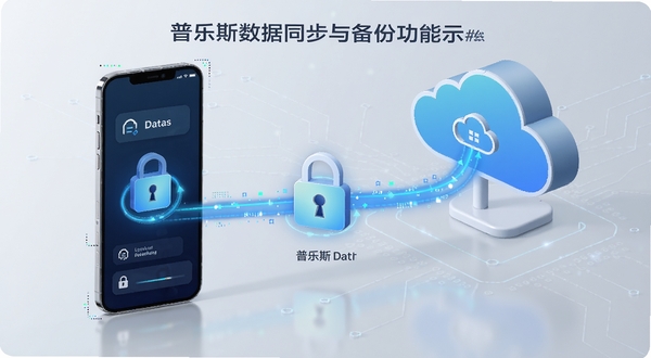 普乐斯数据同步与备份功能示意图，画面展示手机与云端服务器之间的数据流动，带有锁形安全图标，背景为科技感浅灰色调，突出普乐斯的数据保护能力