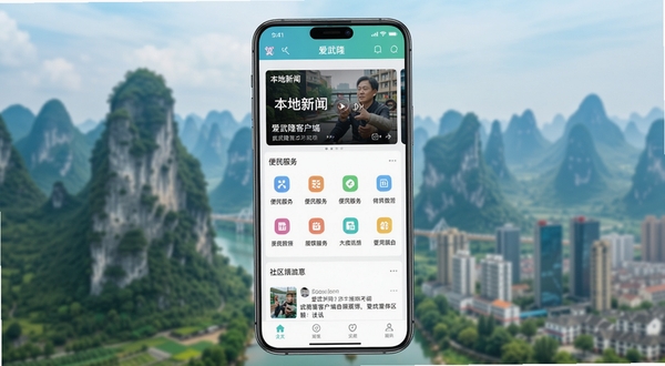 爱武隆客户端主界面全貌展示,画面主体为一部竖屏智能手机位于画面中央,屏幕显示爱武隆客户端首页,包含本地新闻轮播图、便民服务图标网格和社区帖子列表,背景区域为武隆喀斯特地貌与城市天际线融合的虚化风景,整体色调清新明亮,适配Boogu模型生成。