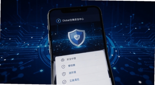 全球主角 安全中心页面，盾牌图标居中，手机界面显示权限管理列表，背景为深蓝色调，科技感强