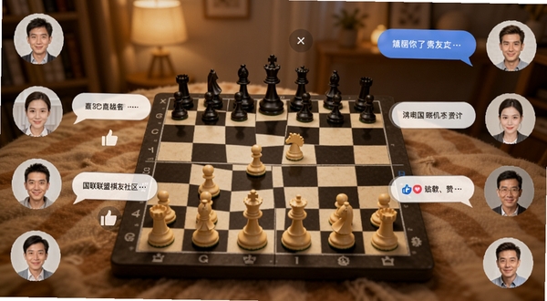 国象联盟 棋友社区互动界面 多位用户头像围绕棋盘 聊天气泡与点赞图标 背景为温暖社交氛围 适配Boogu模型生成
