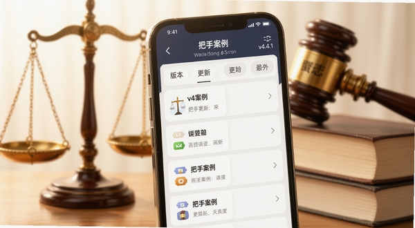 生成一张AI图片，展示“把手案例”应用更新日志界面，画面为手机屏幕特写，屏幕显示版本更新列表，背景为柔和的法律天平与书籍元素，色调温暖明亮，包含“把手案例”和“v4.4.1”字样