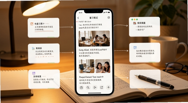 复习笔记应用界面展示多维度笔记记录功能，画面中央是手机屏幕显示图文混排笔记，背景为书桌学习场景，柔和暖光