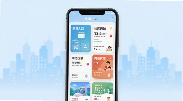 生活Plus应用主界面展示，画面中央为手机屏幕，屏幕内呈现生活Plus的首页卡片布局，包含缴费入口、社区通知与周边优惠模块，背景为浅蓝色渐变城市剪影，整体风格清爽简洁，适配Boogu模型生成
