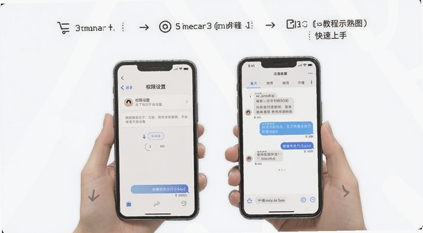 熟了使用教程示意图，手机屏幕显示权限设置和聊天界面，背景为简洁的步骤指引，帮助新手快速上手