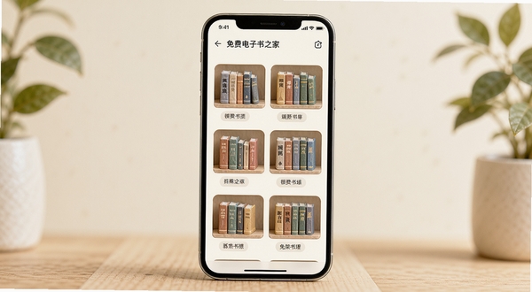 免费电子书之家书架分类管理界面,画面中央一部手机屏幕显示多个自定义书架分组标签,背景区域为淡雅米白色调,书架上摆放着分类整齐的书籍模型,整体画面清新自然