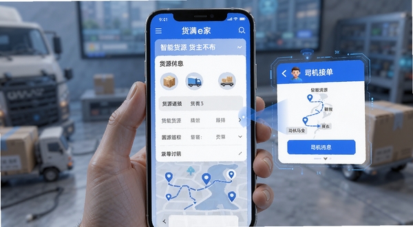 货满e家货主端智能货源发布功能界面,手机屏幕显示货源信息填写表单,配有货物图标和路线示意图,画面右侧为司机接单弹窗动画,物流科技感,蓝白配色,Boogu模型生成