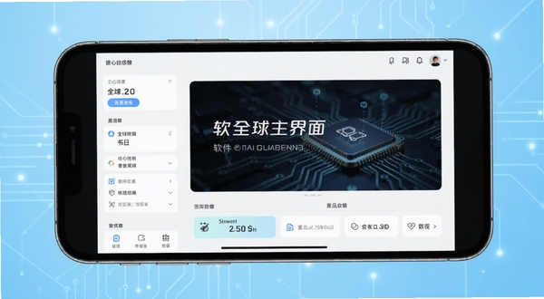 全球主角 软件主界面展示，手机屏幕居中，背景为浅蓝色渐变科技感氛围，界面元素清晰可见，整体风格简洁现代