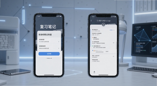 复习笔记使用教程示意图，手机屏幕展示安装权限设置与同步日志界面，背景为简约科技风格