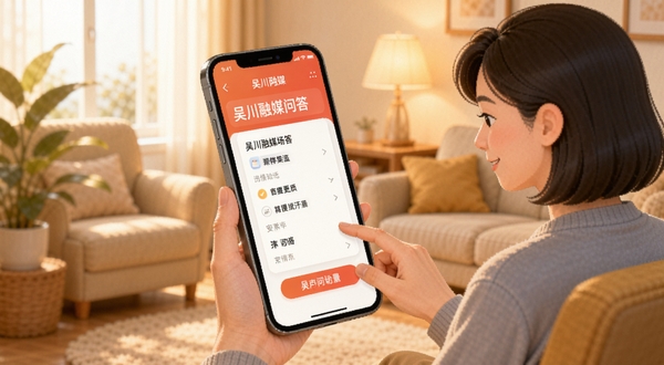 吴川融媒APP用户问答场景插图,画面展示手机屏幕显示吴川融媒问答界面,旁边有用户正在操作手机,背景为温馨的居家环境,整体色调柔和,突出安全可靠的氛围