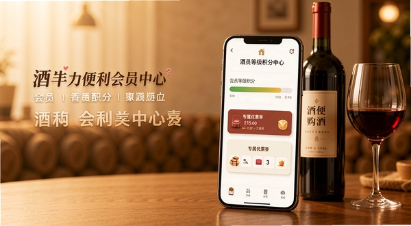 酒便利会员中心页面展示，画面主体为手机屏幕，屏幕上显示会员等级积分进度条与专属优惠券卡片，背景为暖色调桌面环境，旁边点缀一瓶红酒与酒杯，整体氛围精致舒适，突出会员购酒实惠感